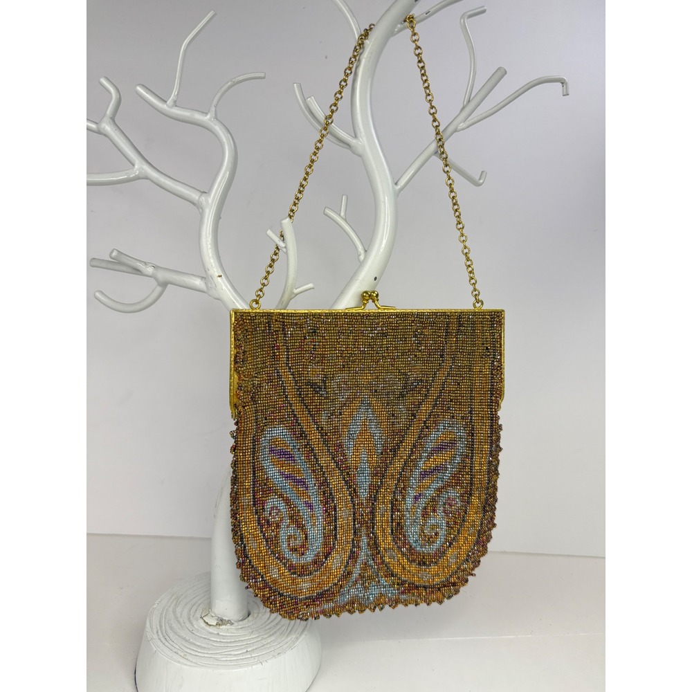 Vintage Micro Beaded 1920's Flapper Evening Bag Art Deco French Bronze Paisley
